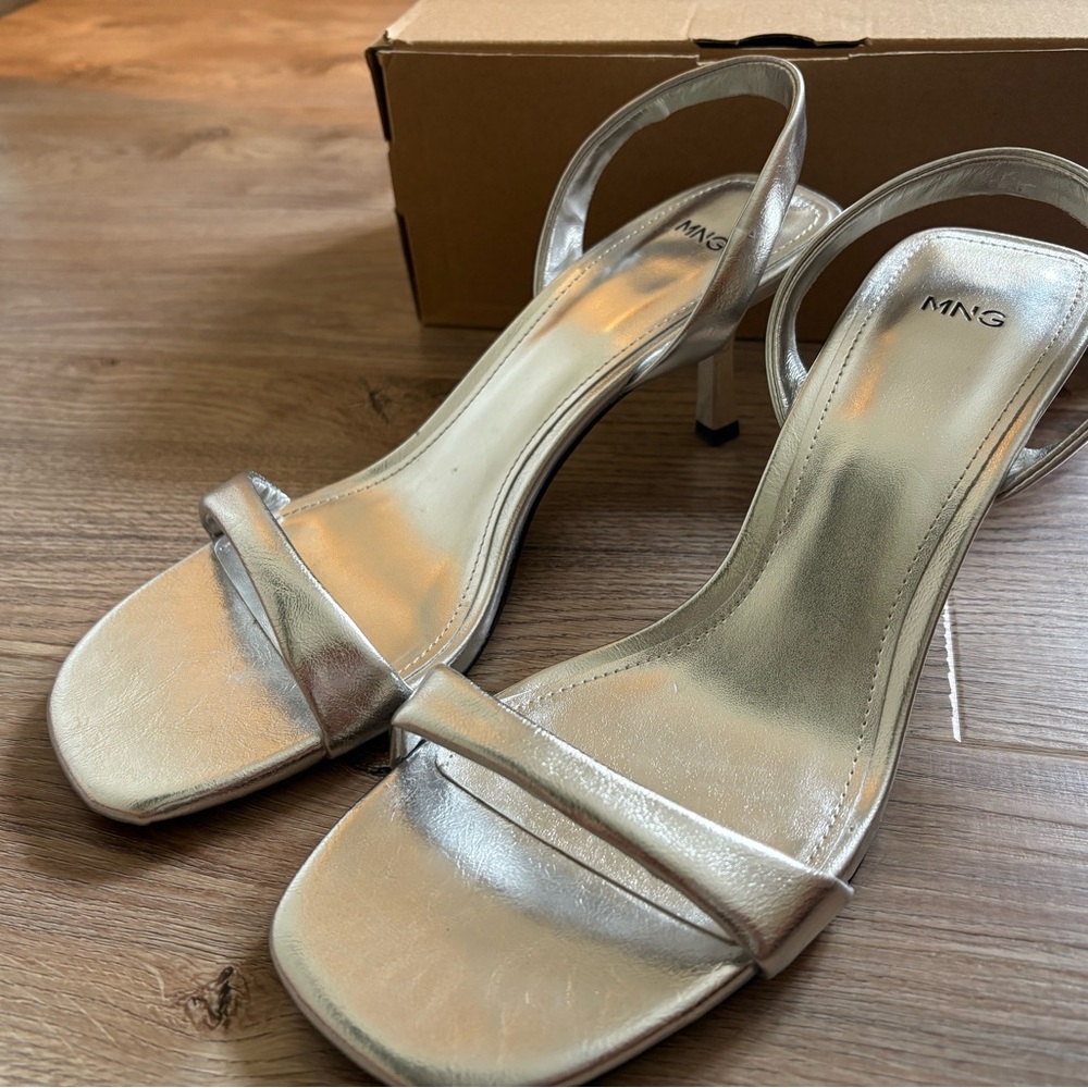LIKE NEW! Metallic Silver Heeled Sandals by Mango